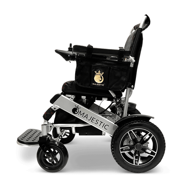 Majestic IQ-8000 Remote Controlled Electric Wheelchair (17.5” Wide Seat) - silver and black color left side