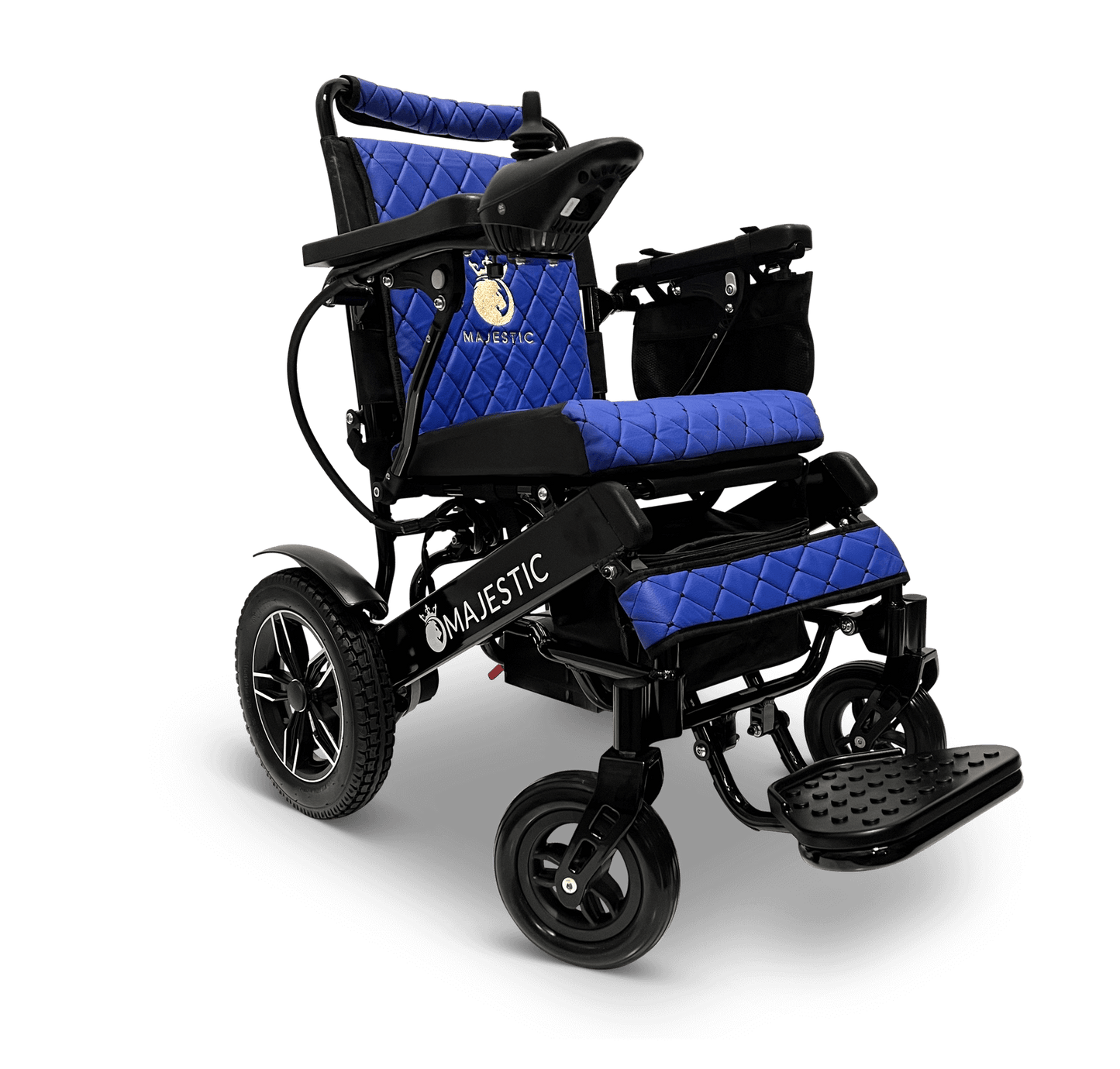 Majestic IQ-8000 Remote Controlled Electric Wheelchair (17.5” Wide Seat) - black and blue color left front