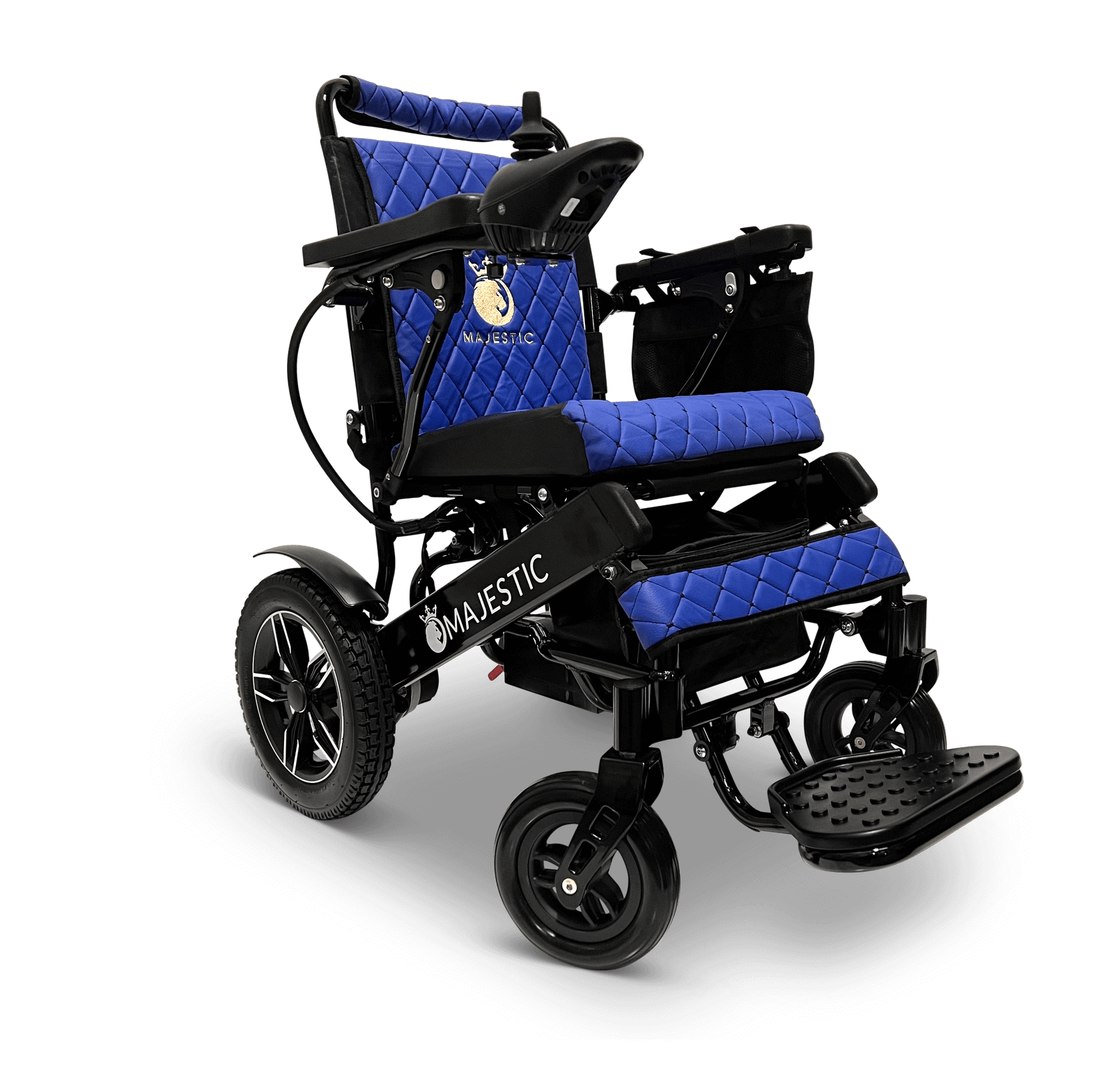 Majestic IQ-8000 Remote Controlled Electric Wheelchair (17.5” Wide Seat) - black and blue color left front