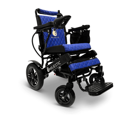 Majestic IQ-8000 Remote Controlled Electric Wheelchair (17.5” Wide Seat) - black and blue color left front