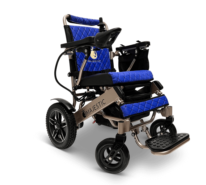 Majestic IQ-8000 Remote Controlled Electric Wheelchair (17.5” Wide Seat) - bronze and blue color right front