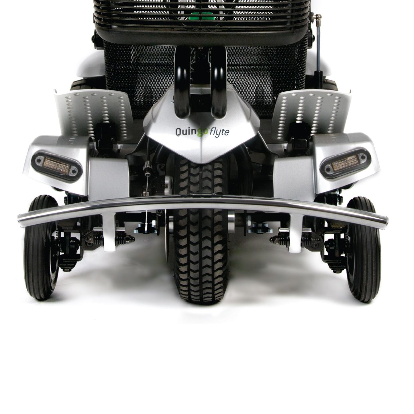 Quingo Flyte Mobility Scooter with MK2 Docking Station - front wheels close up