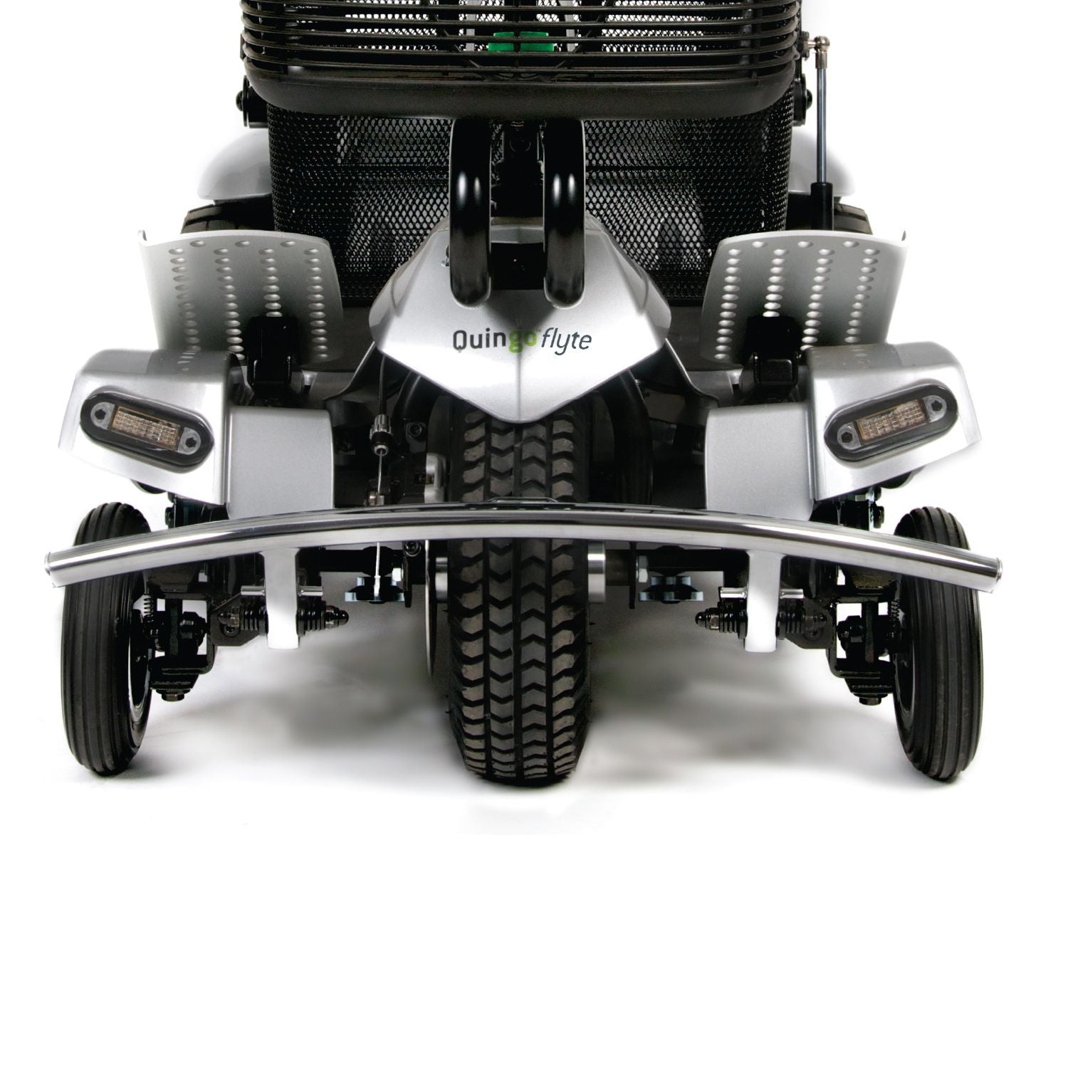 Quingo Flyte Mobility Scooter with MK2 Docking Station - front wheels close up