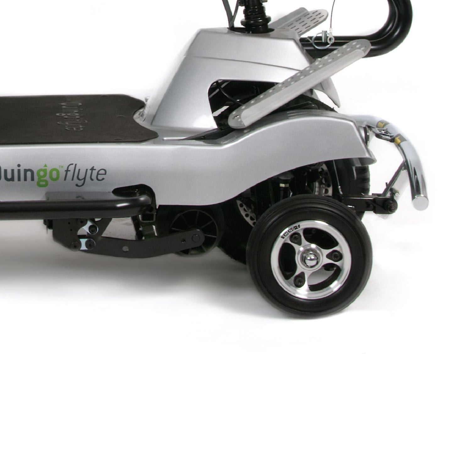 Quingo Flyte Mobility Scooter with MK2 Docking Station - front wheels and footrest close up