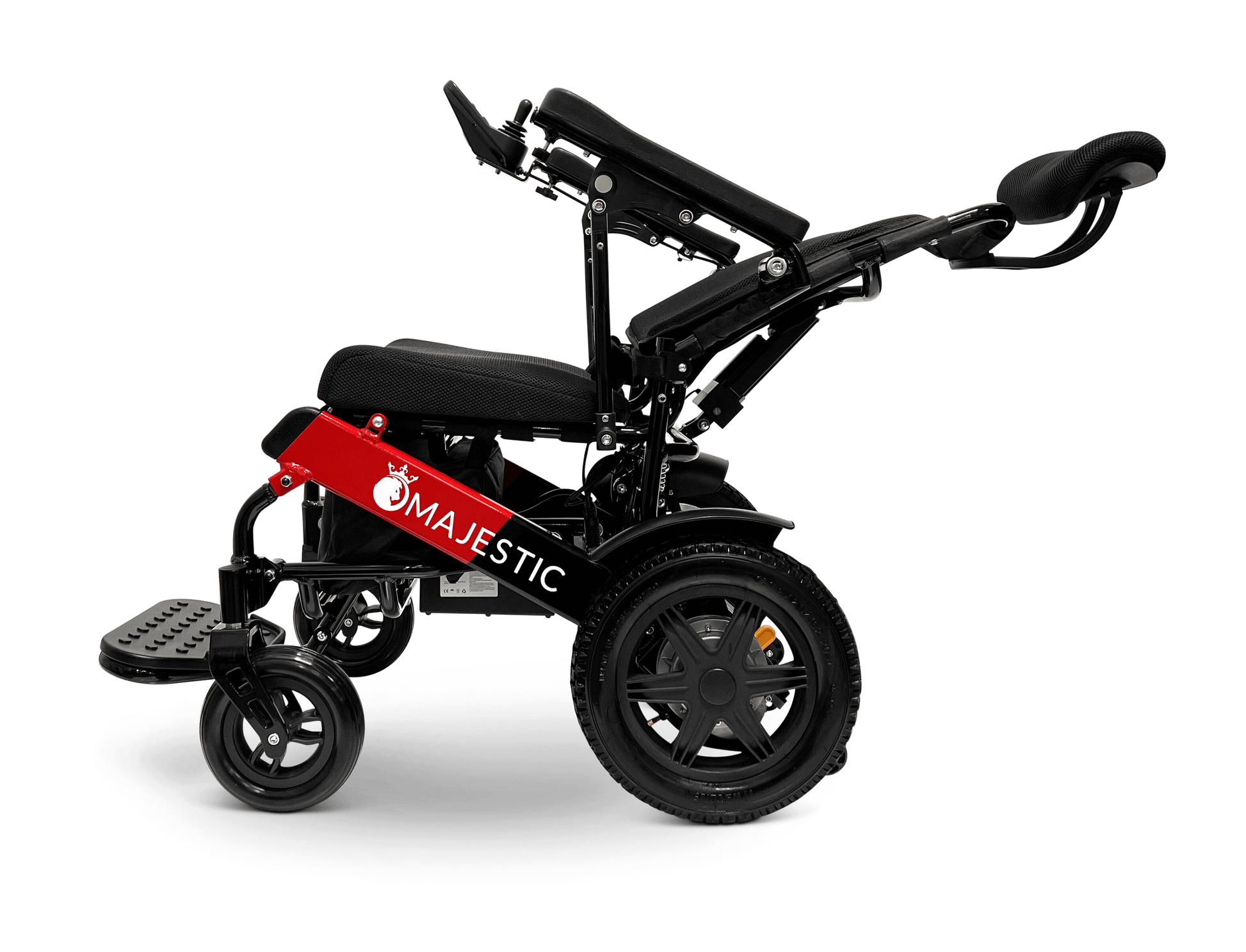 Majestic IQ-9000 Long Range Electric Wheelchair With Recline (17.5” Or 20” Wide Seat) - fully reclined red and black with standard fabric