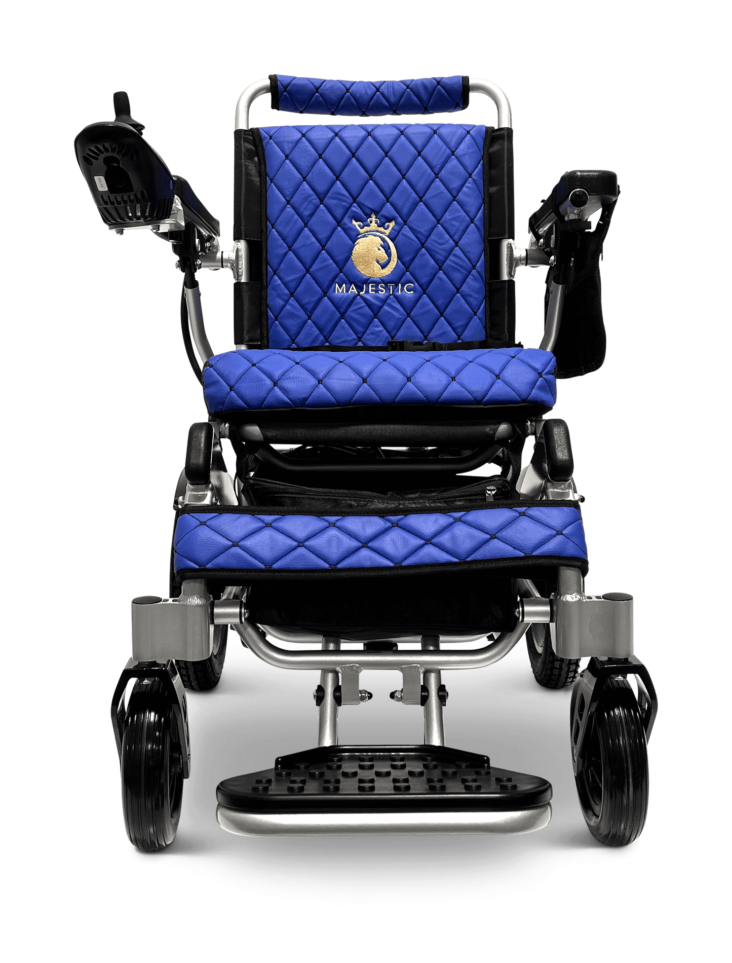 Majestic IQ-8000 Remote Controlled Electric Wheelchair (17.5” Wide Seat) - silver and blue front