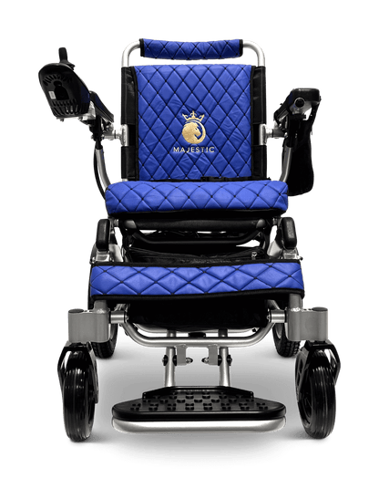 Majestic IQ-8000 Remote Controlled Electric Wheelchair (17.5” Wide Seat) - silver and blue front