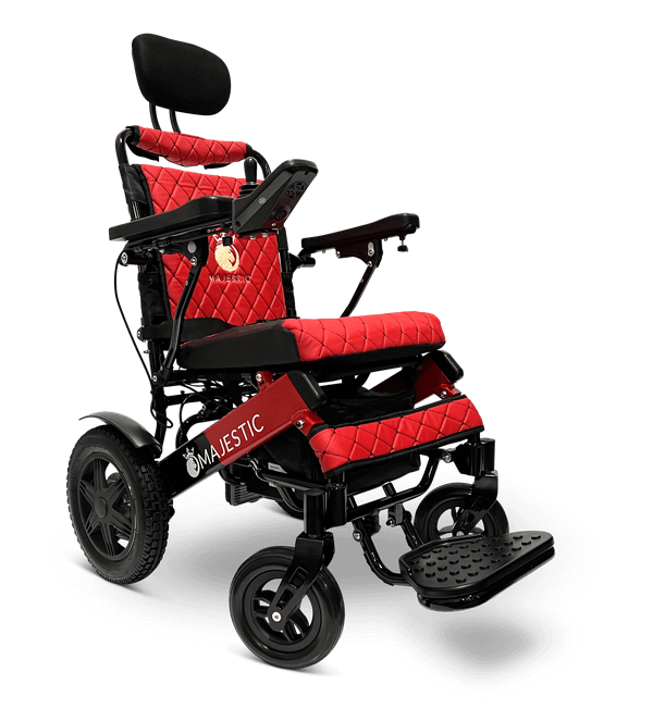 Majestic IQ-9000 Long Range Electric Wheelchair With Recline (17.5” Or 20” Wide Seat) - black and red frame with red fabric