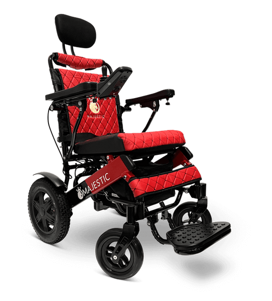 Majestic IQ-9000 Long Range Electric Wheelchair With Recline (17.5” Or 20” Wide Seat) - black and red frame with red fabric