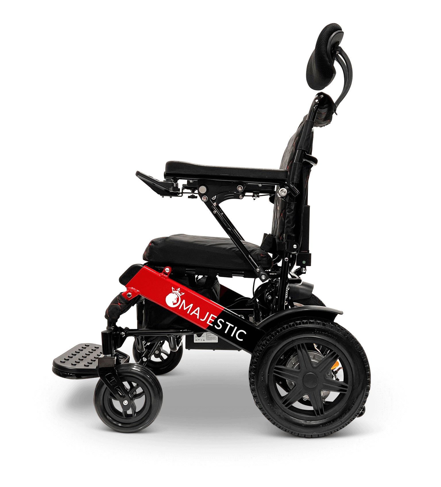Majestic IQ-9000 Long Range Electric Wheelchair With Recline (17.5” Or 20” Wide Seat) - black and red frame with standard fabric left side