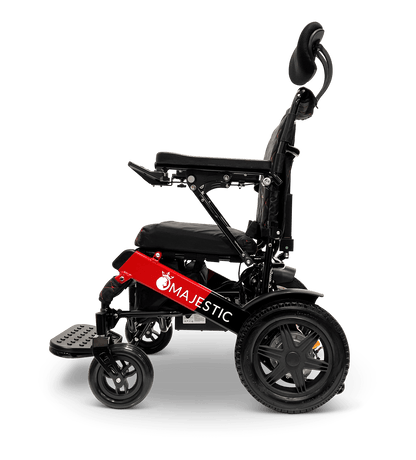 Majestic IQ-9000 Long Range Electric Wheelchair With Recline (17.5” Or 20” Wide Seat) - black and red frame with standard fabric left side