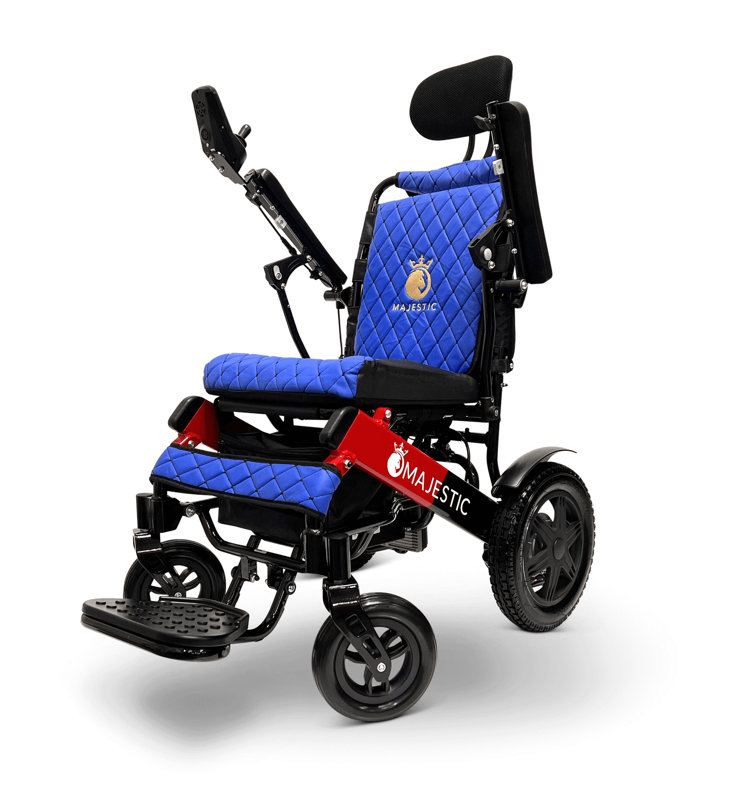 Majestic IQ-9000 Long Range Electric Wheelchair With Recline (17.5” Or 20” Wide Seat) - black and red frame with blue fabric