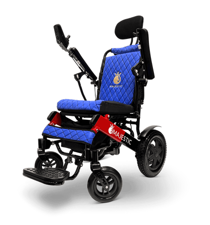 Majestic IQ-9000 Long Range Electric Wheelchair With Recline (17.5” Or 20” Wide Seat) - black and red frame with blue fabric