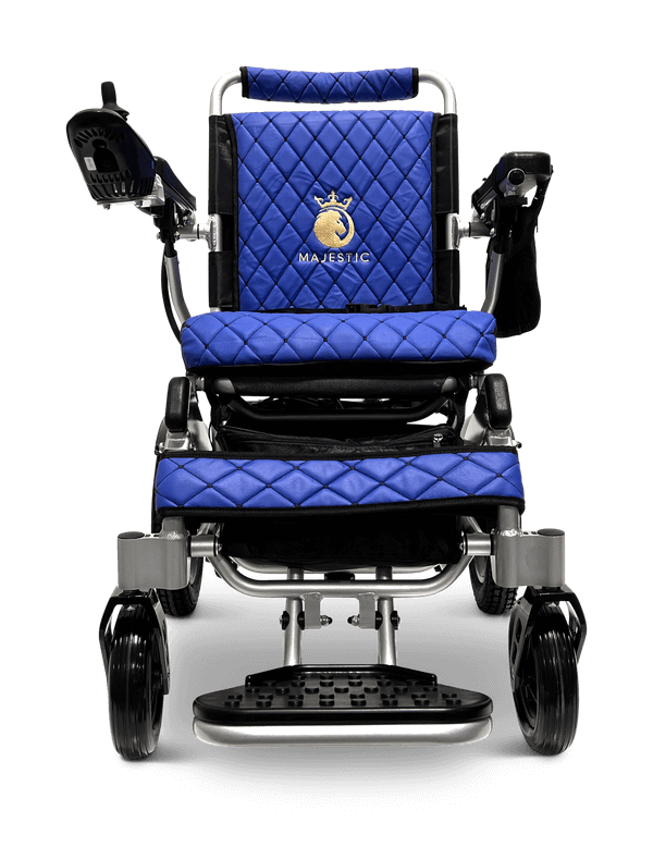 Majestic IQ-8000 Remote Controlled Electric Wheelchair (17.5” Wide Seat) - silver and blue color front