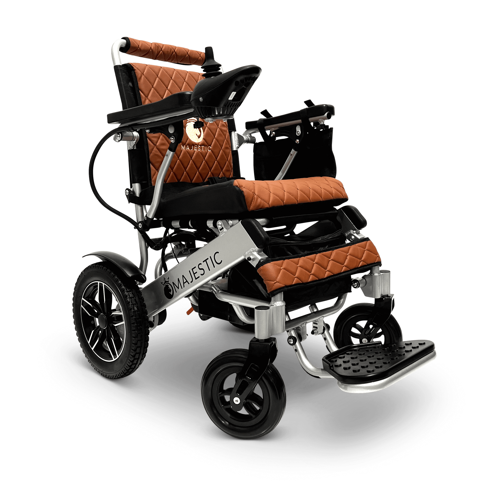 Majestic IQ-8000 Remote Controlled Electric Wheelchair (17.5” Wide Seat) - silver and taba right front